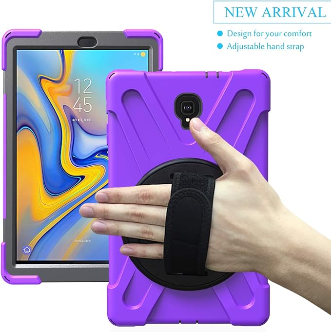 Rugged Case for Samsung Galaxy Tab A 10.5 2018 (SM-T590/T595/T597) Portable Hybrid Shock-Proof Cover with 360° Rotatable Hook&ampLoop HandleShoulder Strap (Purple)