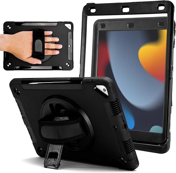 ZAGG Rugged Tablet Case for iPad 10.2-inch (9th/8th/7th Gen) - Protective 360° Rotating Hand Strap Integrated Kickstand Drop-Proof Ideal for Business Warehouse and Field Use Black