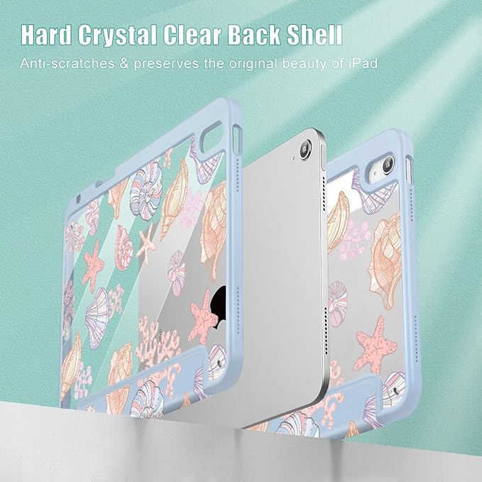 May Chen for iPad Air 11-inch M4/M3/M2 (2026/2025/2024) iPad Air 5th/4th 10.9 Inch - Shockproof Cover with Clear Back Shell &amp Penceil Holder Auto Wake/Sleep Stand Cover Seashells