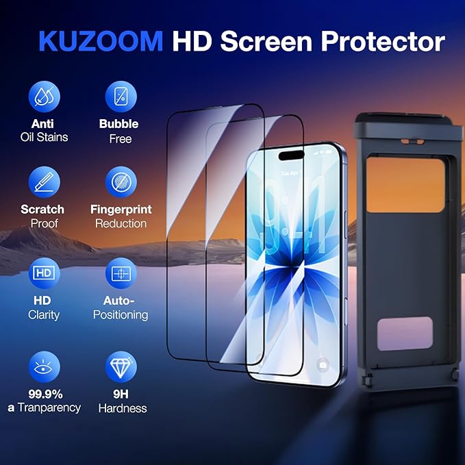 2 Pack HD Screen Protector for iPhone 17/16 Pro [6.3 Inch] High Definition Clarity 9H+ Tempered Glass Shatterproof Anti-Scratch Protective Film with Auto-Alignment Installation Frame