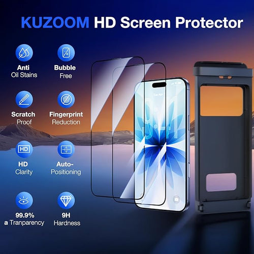 2 Pack HD Screen Protector for iPhone 17/16 Pro [6.3 Inch] High Definition Clarity 9H+ Tempered Glass Shatterproof Anti-Scratch Protective Film with Auto-Alignment Installation Frame