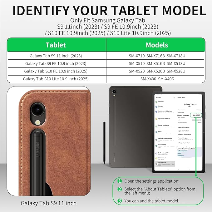 for Samsung Galaxy Tab S9 11 inch and S9 FE/S10 FE/S10 Lite 10.9inch Case 2023/2025(SM-X710/X510/X520X400) Leather Protective Shell Protection Cover with S Pen HolderAuto Sleep/Wake.Brown