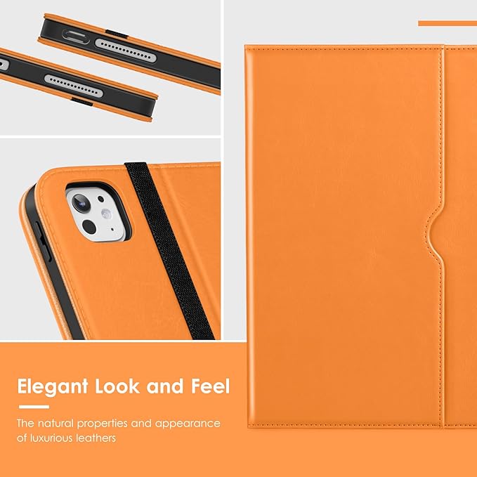VIKESI Case for iPad Pro 13 (M4) 2024 Leather Stand Cover with Apple Pencil Holder Auto Wake/Sleep Multiple Viewing Angles Built in Hand Strap &amp Pocket Orange