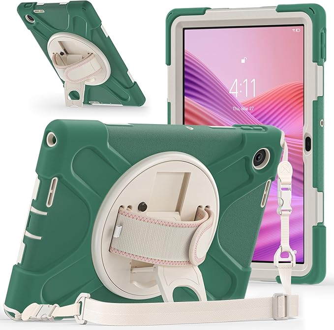 Tablet Case Compatible with Lenovo Tab 10.1(TB-311XU) /K10C TB311FU 2025 Case Protective Heavy Duty Rugged Shockproof Drop Protection Cover Shoulder Strap for Kids Silicone Cover(Green)