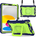 Dteck Kids Case for iPad A16/10th Generation 2025/2022 Heavy Duty Hybrid Shockproof 360°Swivel Kickstand Anti Scratch Durable Protective Case with Pencil Holder Shoulder StrapNavy/Olivine