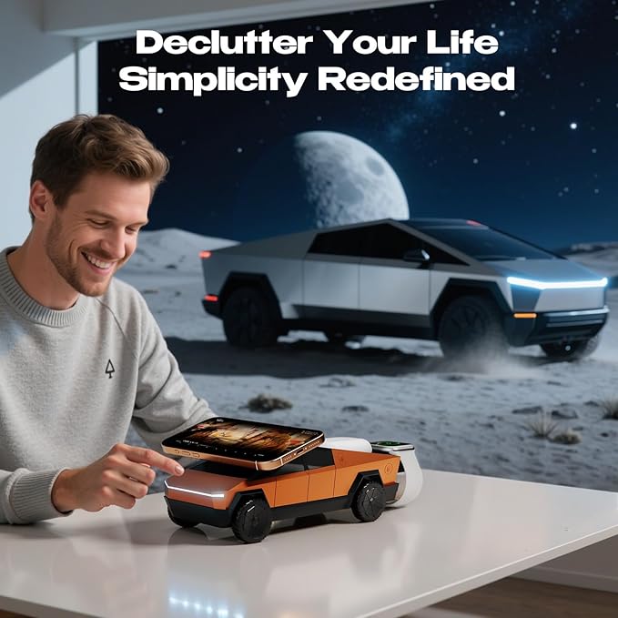 CyberDock 3-in-1 Wireless Charging Station Cybertruck 1:25 Scale Charger with Qi2 Certified 15W Charging for iPhone iWatch AirPods Magnetic Rotating Charger with Ambient Light 30W Adapter Orange
