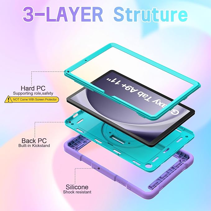 AVAWO Case for Samsung Galaxy A9+ Plus 11 inch 2023 with 360° Swivel Handle Strap Cover with Lanyard Teal+Purple