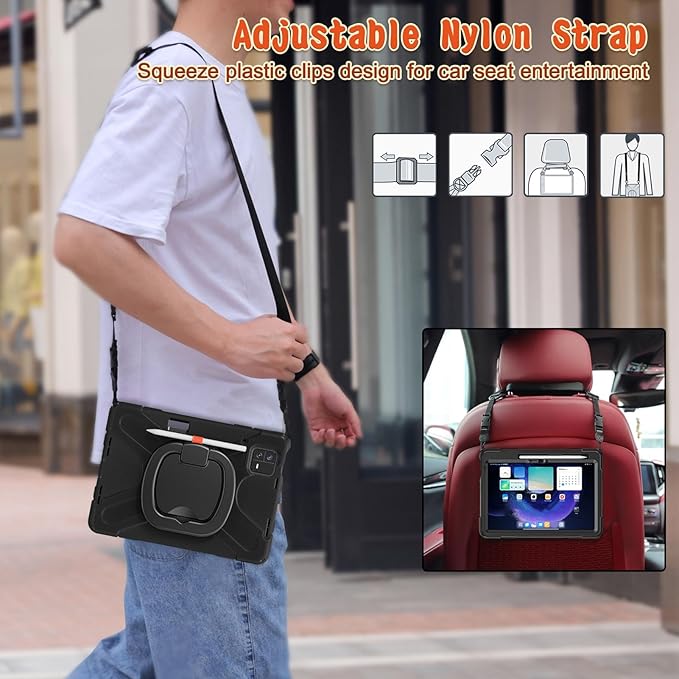 Rugged Tablet Case for Pad 6 6 Pro Tablet Cover with Stand Slim Folding Stand Cover for Pad 6 6 Pro 360° Rotation Removable Shoulder Strap (Black)