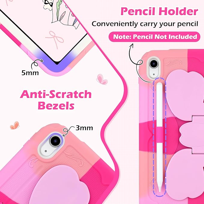 VOFUOE for iPad A16 Case 11th Generation 2025 11 Inch for iPad 10th Generation Case 2022 10.9 Inch for Kids Girls with Sweet Bow Stand Shoulder Strap Pencil Holder Hard Protective Cover-Hot Pink