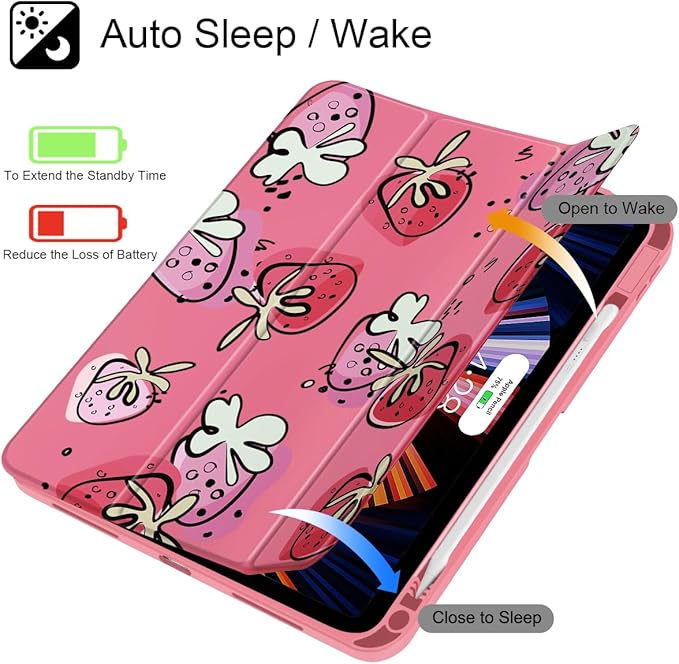 Tuiklol for 2025 iPad (A16 Chip) 11th Generation 11 inch/iPad 10th Generation 10.9 inch 2022 Case Buit in Pencil Holder with Clear Back Shell Cover Trifold Stand Auto Wake/SleepStrawberries