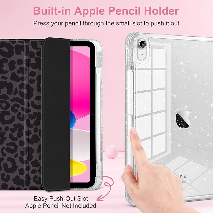 DONGKE for iPad Pro 11 inch Case – Fits M5 2025 / M4 2024 Shockproof Sparkling Glitter Acrylic Back Pencil Holder Trifold Stand Auto Sleep/Wake &amp Touch ID Support - Black Leopard