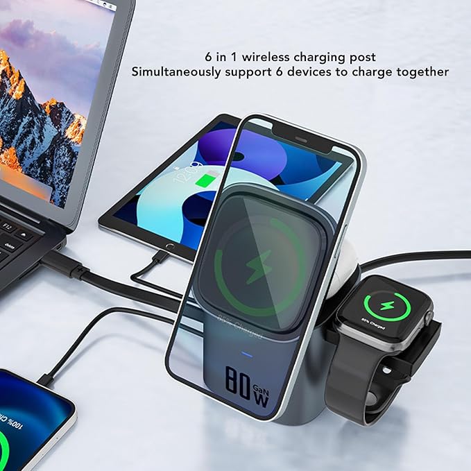 ZJchao Wireless Charging Station GaN 80W 6 in 1 PD Fast Charging Wireless Charging Cube with Retractable Cord for Travel Office Home ABS PC Fireproof Material (US Plug)