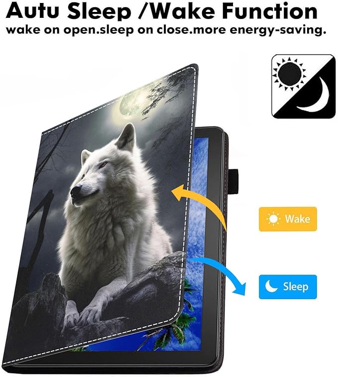 Case for Amazon Kindle Fire 7 Tablet (7 9th/7th Generation 2019/2017 Release) Slim PU Leather Cover with Card Slot &amp Auto Wake/Sleep White Wolf