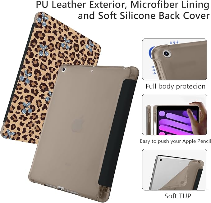 Cute Leopard Print Cherry for iPad Pro 11 Inch Case (M5/M4) 2025/2024 with Pencil Holder Auto Sleep/Wake Black Leather Soft TPU Back Cover