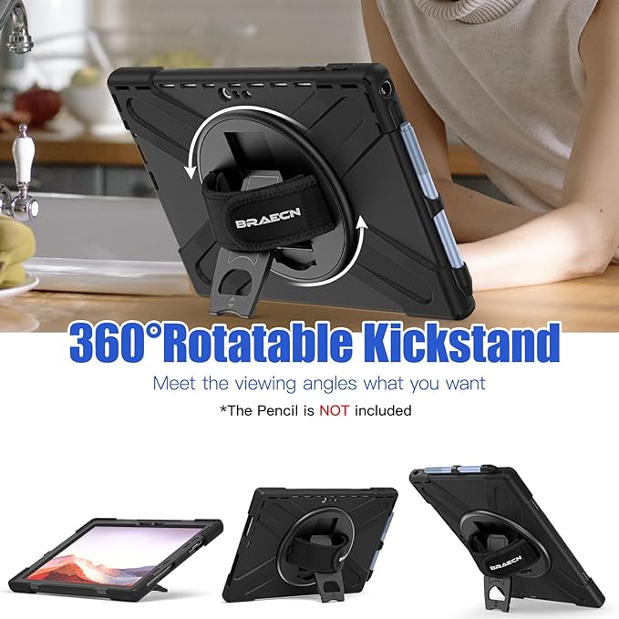 BRAECNstock Silicone Case for Microsoft Surface Pro 7+ Plus/Pro 7/6/5/4 12.3 inch Shockproof Rugged Cover with Screen Protector 360° Rotating Hand Strap + Stand Pen Holder Shoulder Strap Black