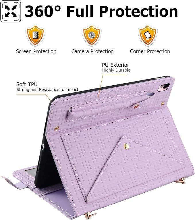 Dteck Handbag Case for iPad 9th/8th/7th Generation 2021/2020/2019 10.2 Inch with Pencil Holder Folio Stand PU Leather Crossbody Shoulder Hand Strap Card Pockets Magnetic Envelope Wallet CoverPurple