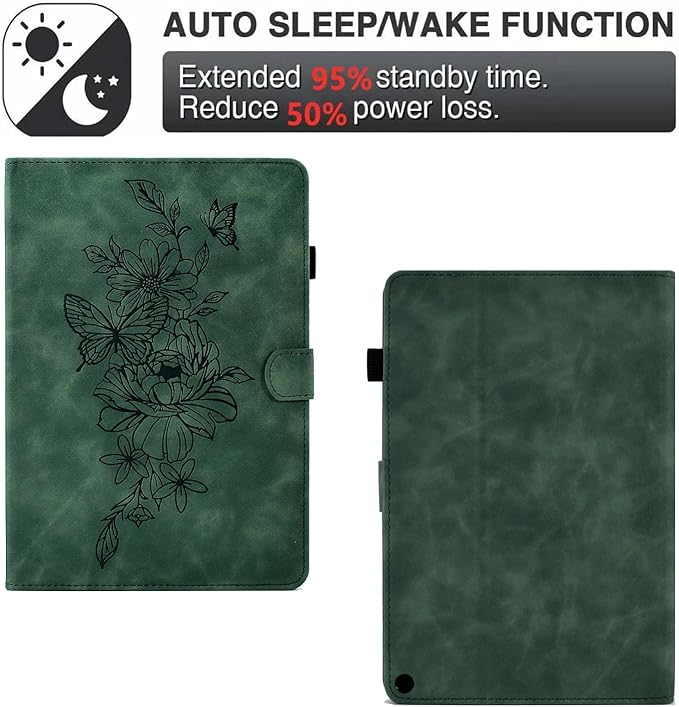 Folio Case for Amazon Kindle Fire HD 8/Fire HD 8 Plus (12th/10th Generation 2024/2022/2020) 8 with Stand/Pencil Holder [Auto Sleep/Wake] Embossed PU Leather Smart Cover Green Butterfly Flower