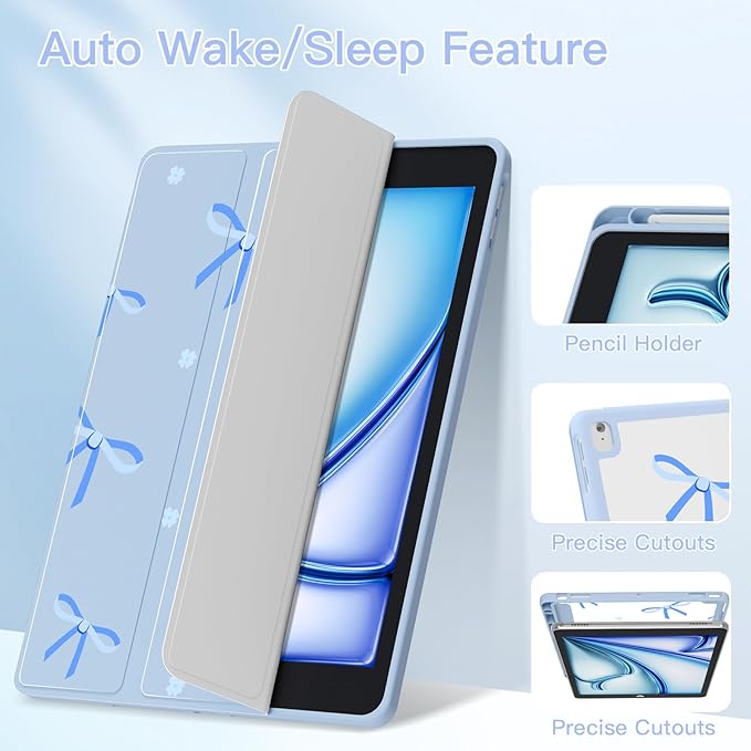 Teryeefi for iPad 10.2 case 2021 Release 9 Generation Built in Pencil Holder - Stand-Auto Wake/Sleep TPU Protection Stand Clear Back Cover for 2020 2019 iPad 7th/8th Case (Blue Bow)