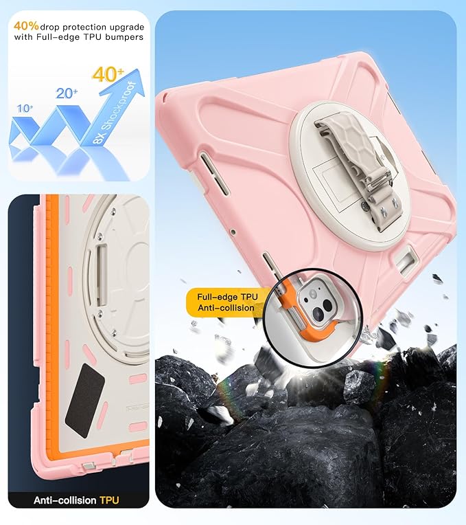 BRAECN Case for iPad Pro 11 inch M5 2025 &amp M4 2024 4 Layers Heavy Duty Full-Body Protection Screen Protector Pencil Holder 360° Rotating Handle Kickstand Shoulder Strap Kids Friendly