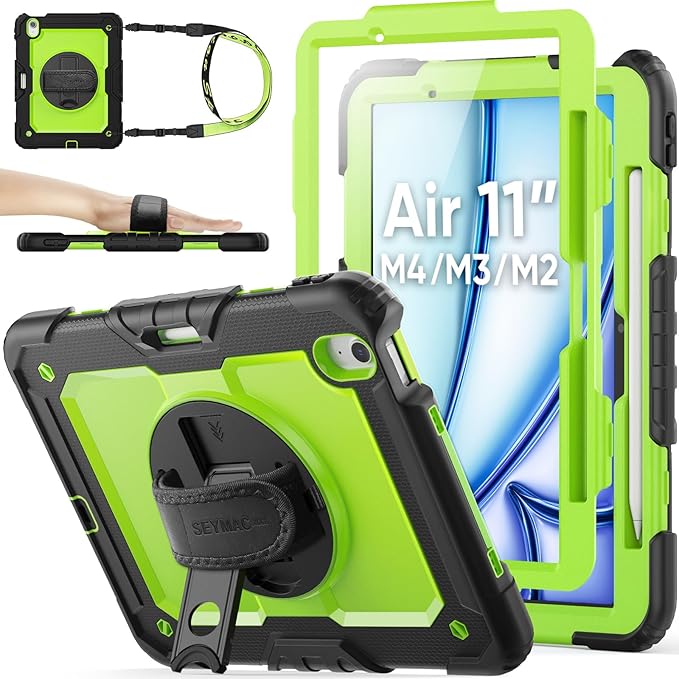 SEYMAC stock Case for iPad Air 11-inch M4-M2 2026-2024 (Gen 8-6) Shockproof Heavy Duty Case with Screen Protector Pencil Holder Rotating Stand Hand Strap Shoulder Strap Green