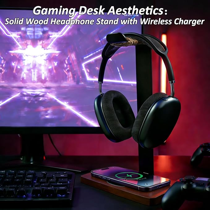 Handmade Solid Wood 2-in-1 Headset Stand with Wireless Charger 15W Max FastWireless Charging Dock Compatible with iPhone 17/16/15/14 /Samsung SeriesUniversal Holder for All Desk Headphones