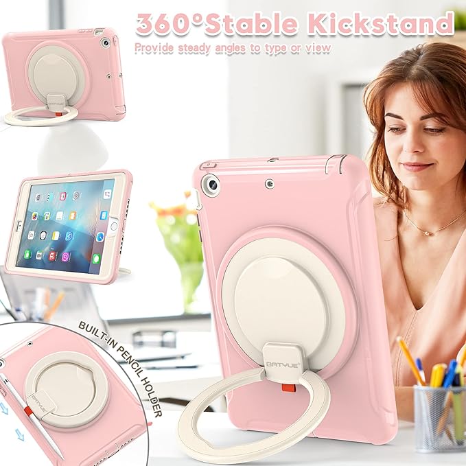 BATYUE Shockproof Case for iPad mini 1/2/3 (2012/2013/2014) - 360° Multi-Angle Stand (Portrait &amp Landscape) &amp Grip Multi-Scene for All Ages Pink
