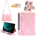 Shiny Case for Samsung Galaxy Tab S10+ 2024/S9 FE+ 2023/S9+ Plus 12.4 Techcircle Crossbody Iridescent Folio Stand Wallet Case with Pen Holder+Card Slots+Hand Strap+Shoulder Strap Shiny Pink