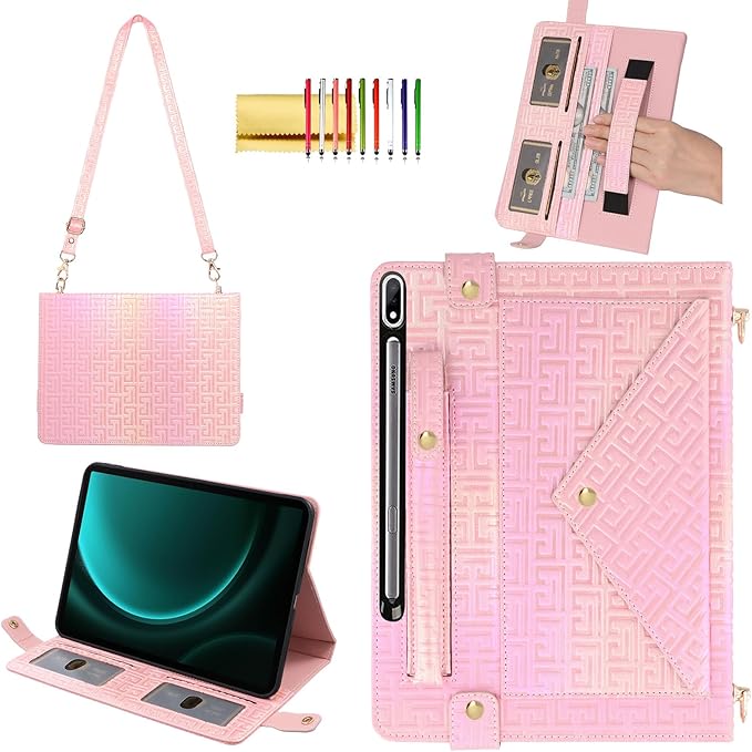 Shiny Case for Samsung Galaxy Tab S10+ 2024/S9 FE+ 2023/S9+ Plus 12.4 Techcircle Crossbody Iridescent Folio Stand Wallet Case with Pen Holder+Card Slots+Hand Strap+Shoulder Strap Shiny Pink