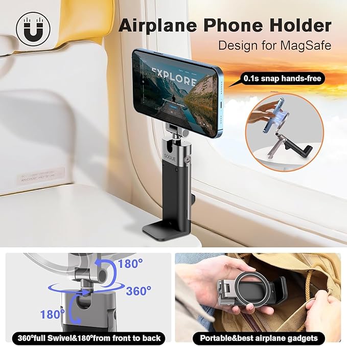 Airplane Travel Essentials Men Phone HolderPlane Phone Mount for MagSafeFoldable Magnetic Phone Stand for Desk 360° Swivel Universal in Airplane Gadgets Spring Break Essentials for iPhone 17