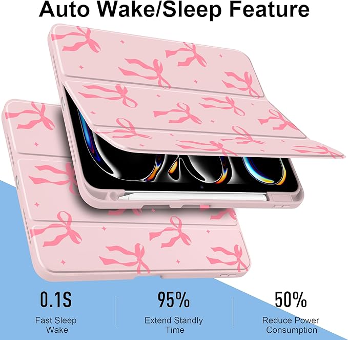 MecBevia Case for iPad Pro 11 inch M5 2025 / M4 2024 (6th/5th Gen) A3357 A3358 A3359 A2836 A2837 A3006 – Built-in Pencil Holder &amp Auto Wake/Sleep Pink Bow