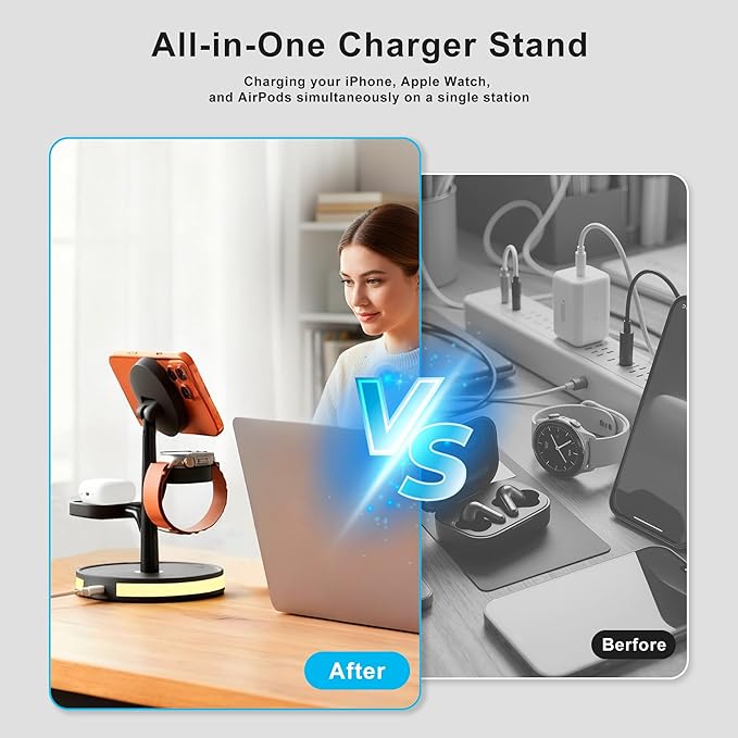 3 in 1 Charging Station for Apple Devices Fast Charging Magsafe Charger Stand with LED Light and 20W PD Adapter Wireless Nightstand Charger for iPhone17/16/15/14/13/12 SeriesAirPodsiWatch and More