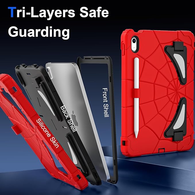 Kids Case for iPad 10th/11th Gen (10.9/11 Inch 2022/2025 A16) – Shockproof 360° Full-Body Protection Cover with Screen Protector Stand &amp Pencil Holder – Boys’ Anti-Drop Design-RED Black