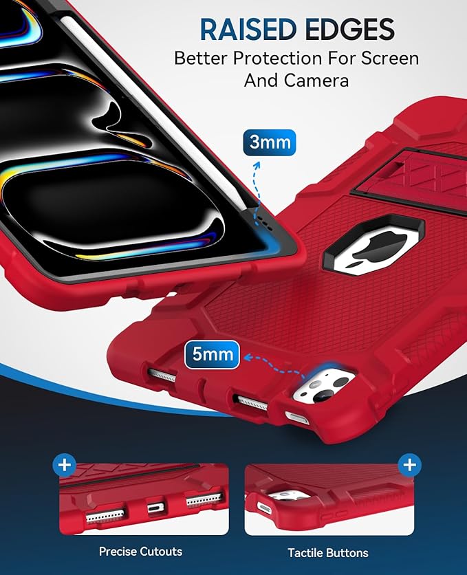 Case for iPad Pro 11 inch Case 2024 (M4) iPad 11 Pro C ase with Pencil Holder Built-in Stand Shockproof Rugged Protective Cover for iPad Pro 11 inch 5th Gen (Red)