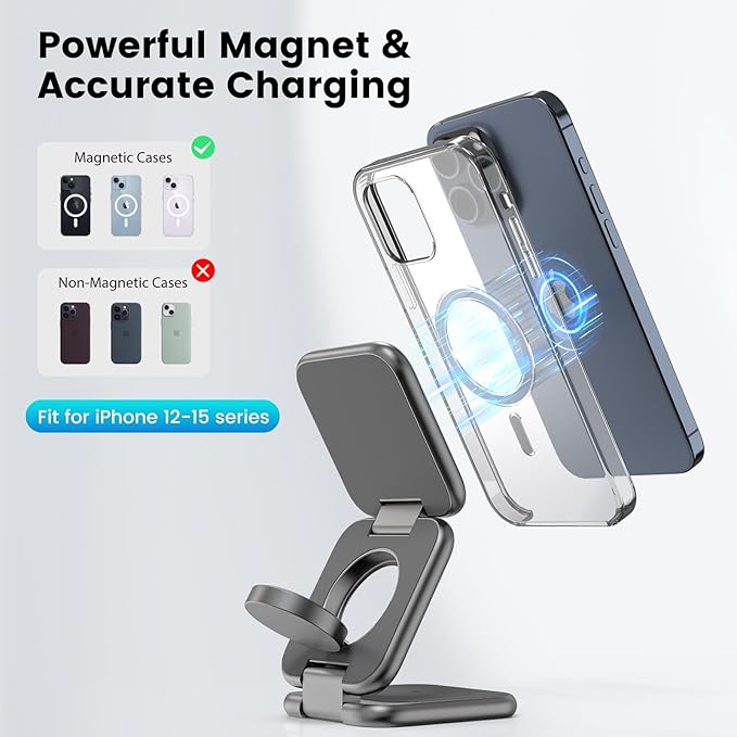 KU XIU X55 Plus 3 in 1 Charging Station for Apple Devices Magnetic Foldable Wireless Charger 15W Fast Charging Pad for iPhone 17/16/15/14/13/12 for Apple Watch for AirPods 4/3/2/Pro - Gray