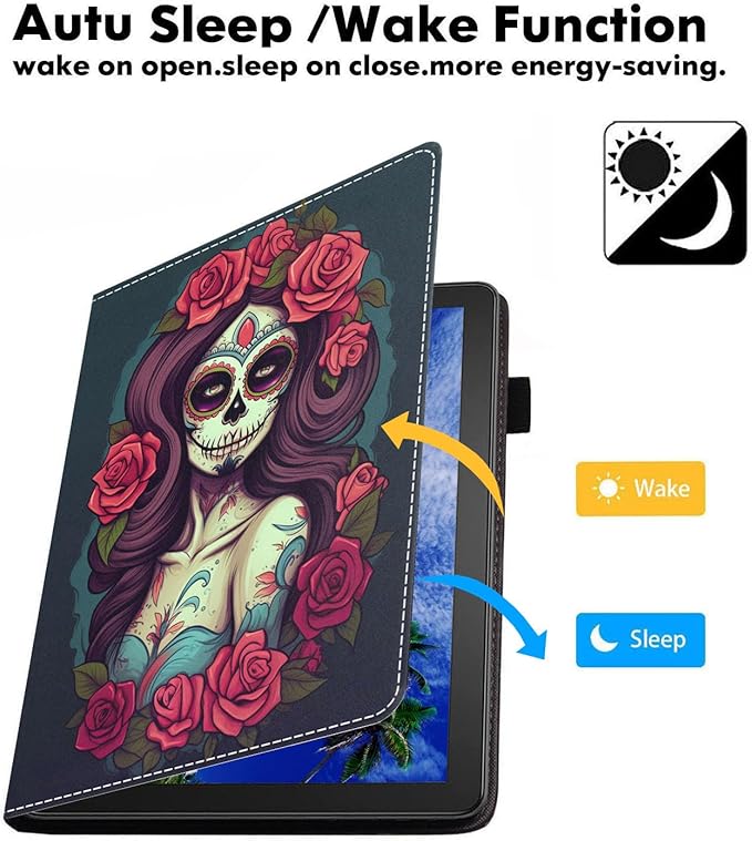 Case for Amazon Kindle Fire 7 Tablet (7 9th/7th Generation 2019/2017 Release) Slim PU Leather Cover with Card Slot &amp Auto Wake/Sleep Sugar Skull Girl Roses