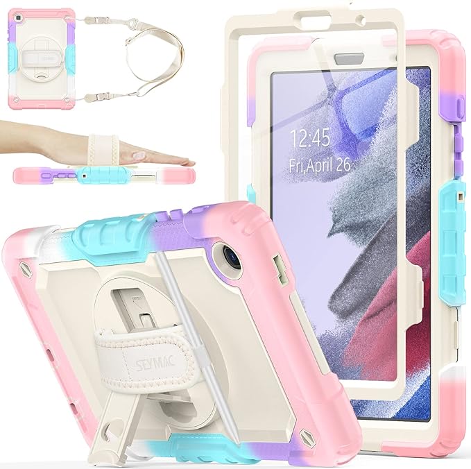 SEYMAC stock Case for Samsung Galaxy Tab A7 Lite 8.7'' with Screen Protector Pencil Holder [360 Rotating Hand Strap] &ampStand Drop-Proof Case for Samsung A7 Lite 2021 SM-T220/T225/T227 Yellowish/P