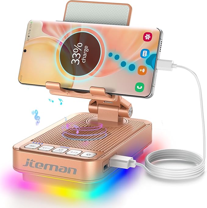 JTEMAN Gifts for Men Women Phone Stand Bluetooth Speaker with Light and Charging Function 360 Rotating Phone Holder Cool Tech Gifts for Dad Mom Husband Unique Birthday Gift Ideas - Rose Gold