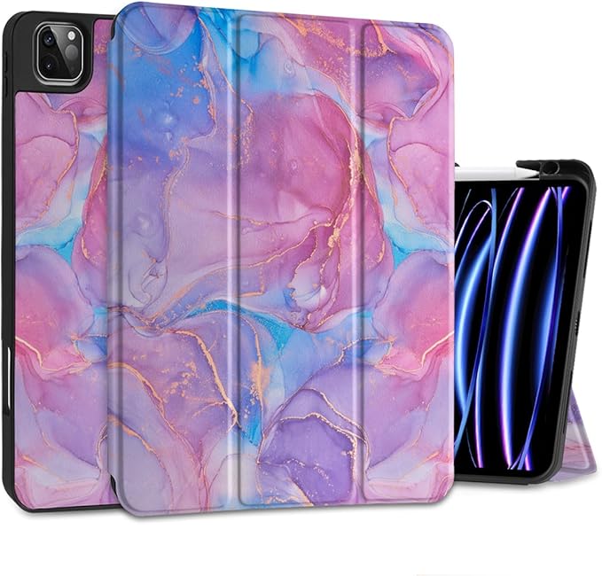 MEEgoodo Case for iPad Pro 12.9 Case M2 6th/5th/4th/3rd Generation 2022 2021 2020 2018 Protective Tablet Cover with Soft Back Shell for Kids Pink Marble Texture
