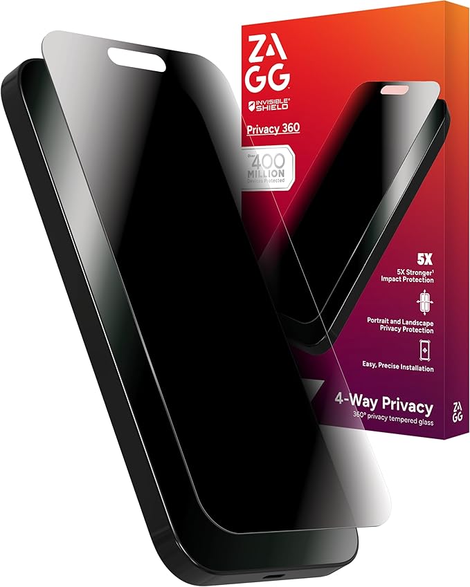 ZAGG Glass Elite Privacy 360 Screen Protector for iPhone 16 Pro Max – 4-Way Privacy Ultra-Strong Tempered Glass 5X Stronger Smudge-Resistant Easy Install Recycled Content
