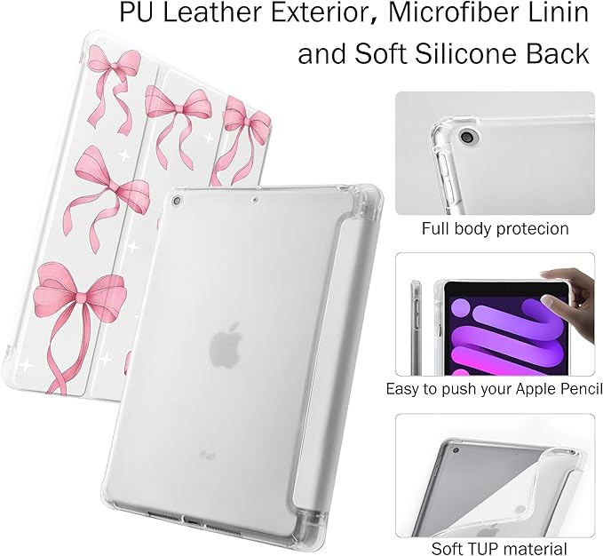 Idocolors Cute Pink Bow Case for 11 iPad Pro(2024) Tri-Fold Tablet Case with Auto Wake/Sleep &amp Pencil Holder - Vibrant Protective Cover for Women Girls and Teens White