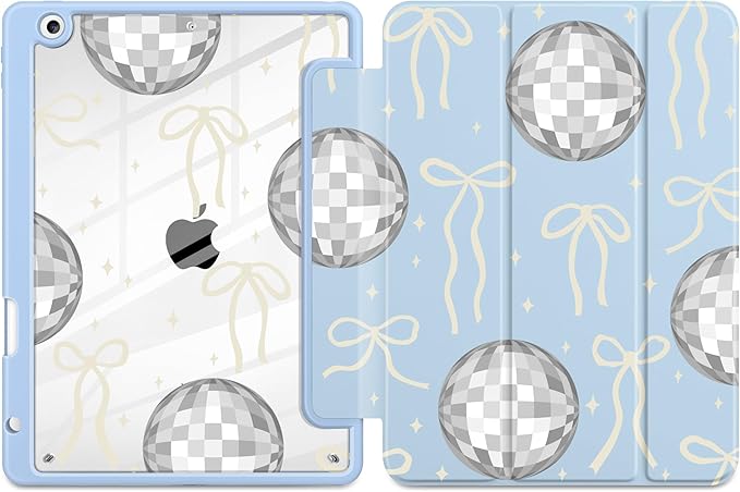 MEEgoodo Case for iPad 10.2 inchTablet Cases for iPad 9th Generation 2021/8th Gen 2020/7th Gen 2019 with Clear Acrylic Back Shell+Pencil Holder+Auto Wake/Sleep+Trifold StandSilver Disco Balls &amp