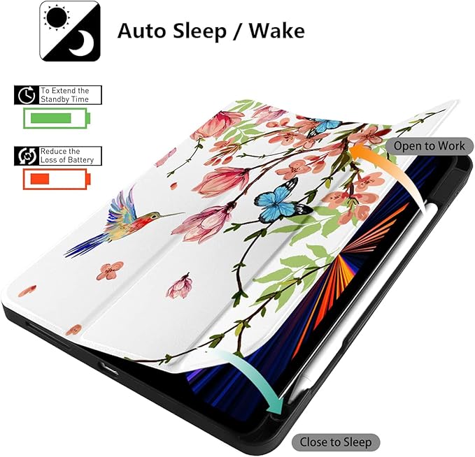 MEEgoodo for iPad Pro M2 12.9 Case 6th/5th/4th/3rd Generation 2022 2021 2020 2018 with Pencil Holder Tablet Cover with Soft TPU Back Shell Birds &amp Flowers