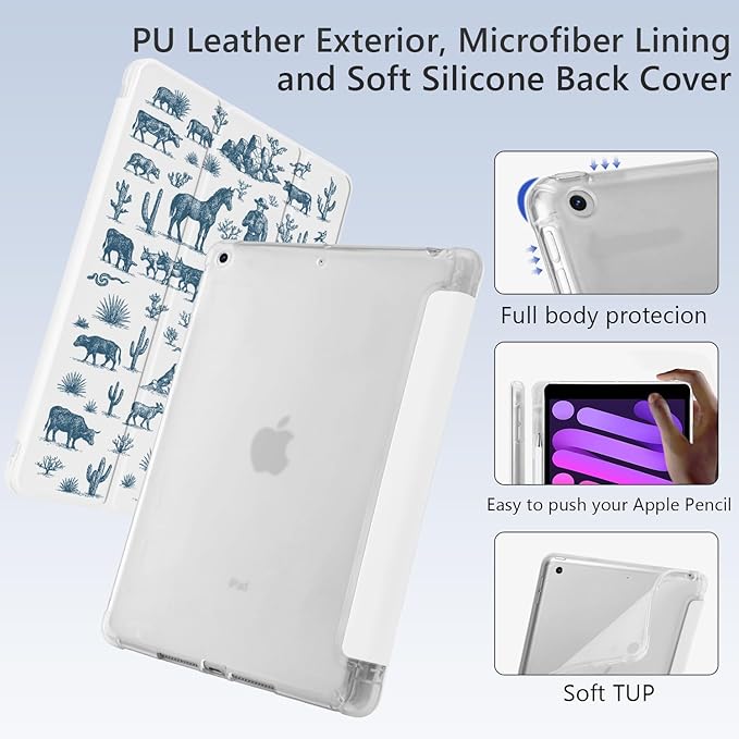Western Cowboy for iPad mini 7 A17 Pro 2024/iPad Mini 6 Case with Pencil Holder Auto Sleep/Wake White Leather Soft TPU Back Cover