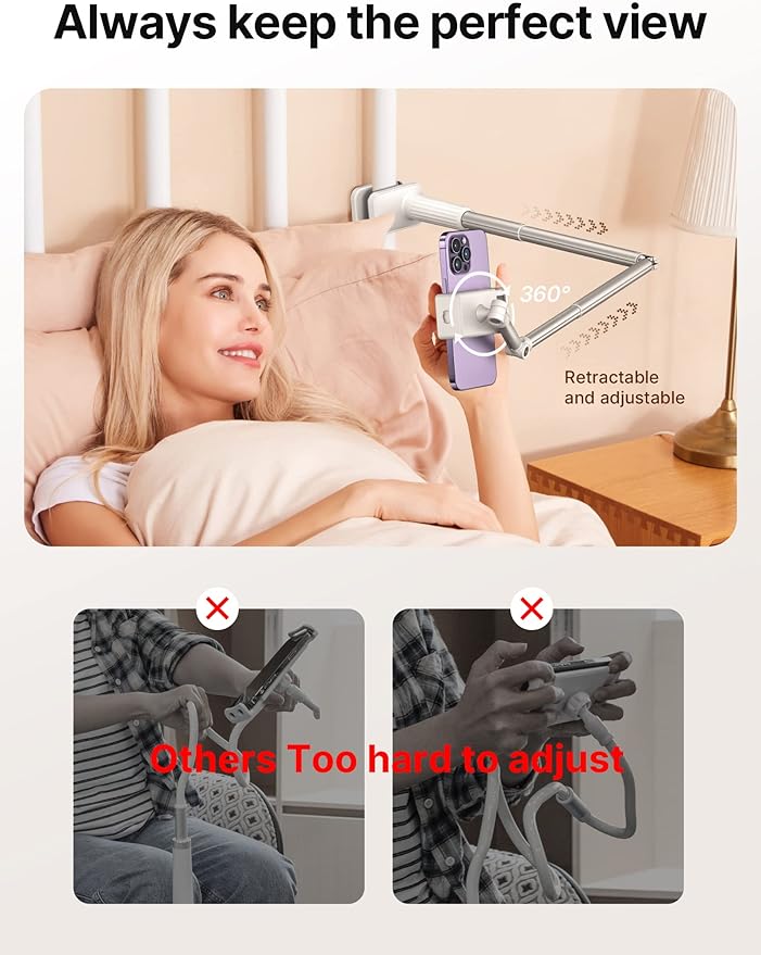 JSAUX Phone Holder for Desk and Bed Compatible with iPhone 16 15 14 13 12 Overhead Phone Mount Gooseneck Phone Stand Flexible 360 Lazy Long Arm Clamp Clip for Table Bedside [1-Pack White]