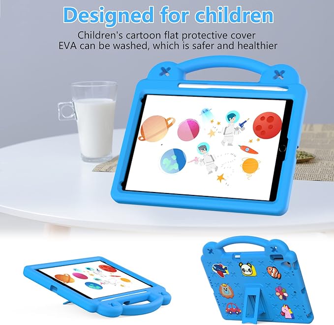 Dteck for iPad 9th/8th/7th Generation 10.2 Kids CaseCartoon Panda Shockproof Rugged Lightweight Convertible Handles Stand Kid Friendly Case with Pencil Holder for iPad 10.2 2021/2020/2019Sky Blue