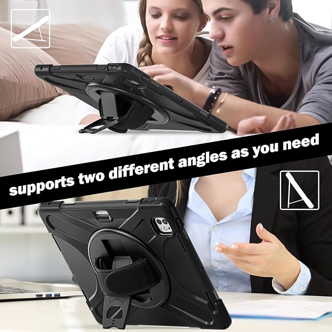 ZenRich iPad Pro 13 Inch Case M4 2024 Heavy Duty Rugged Case for A2925 A2926 A3007 with 360°Rotating Kickstand/Handle/Pencil Holder/Shoulder Strap Black