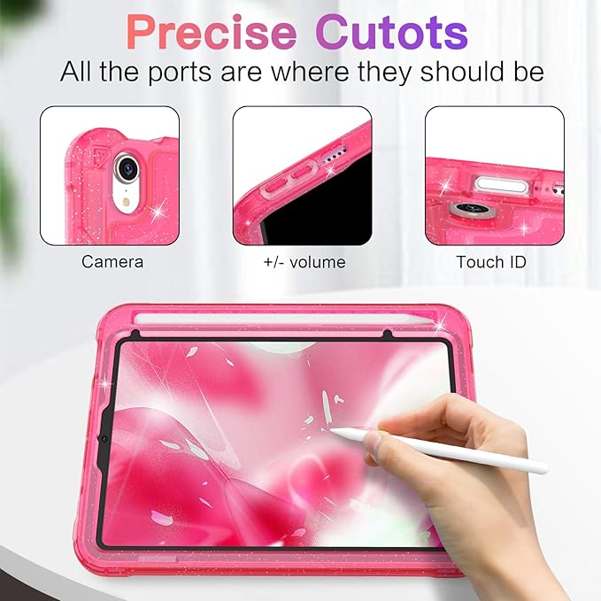 Case for iPad mini A17 Pro for iPad mini 7th/6th Generation Case 8.3 inch 2024/2021 with Pencil Holder/Stand Slim Cover for i Pad Mini 7/6 (Translucent Glitter Hot Pink)