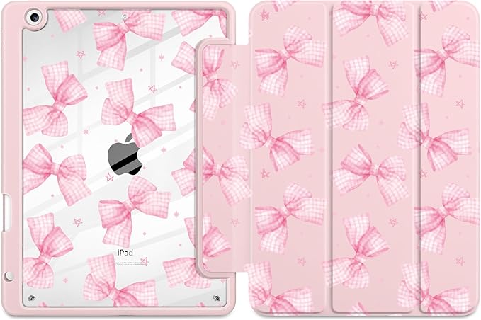 DONGKE for iPad 9th/8th/7th Generation Case 10.2 Inch (2021/2020/2019) [Auto Sleep/Wake &amp Pencil Holder] Clear Acrylic Back Trifold Stand Cover Gingham Bows