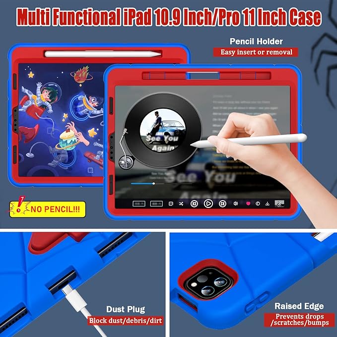 Compatible with Apple iPad Pro 11 inch(2018/2020/2021/2022)/Apple Air 4 10.9(2020)/Air 5 10.9(2022) Tablet CaseLightweight Shockproof Cover for Kids Boys Babies with Kickstand Blue Red