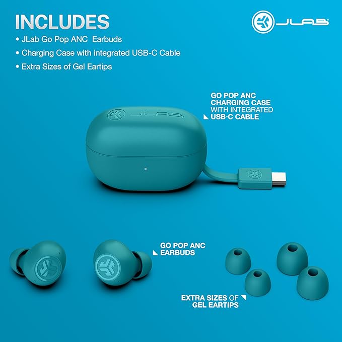 JLab Go Pop ANC True Wireless Earbuds &amp Charging Case Teal Active Noise Cancelling 10mm Drivers Dual Connect Customize Your Sound with App Be Aware Mode Compact Fit MEMS Microphone